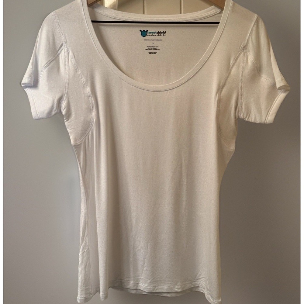 Sweatshield Undershirts Women Scoop Neck Sweat Proof Short Sleeve Shirt White L